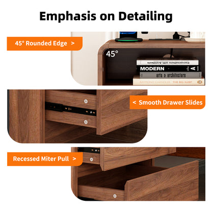 25" Tall Modern Nightstand with Charging Station, 23.6'' Wide Wood Bedside Table w/2 Storage Drawers, Large Mid Century End Table for Bedroom, Living Room, Curved Profile Design (WALNUT) image 3