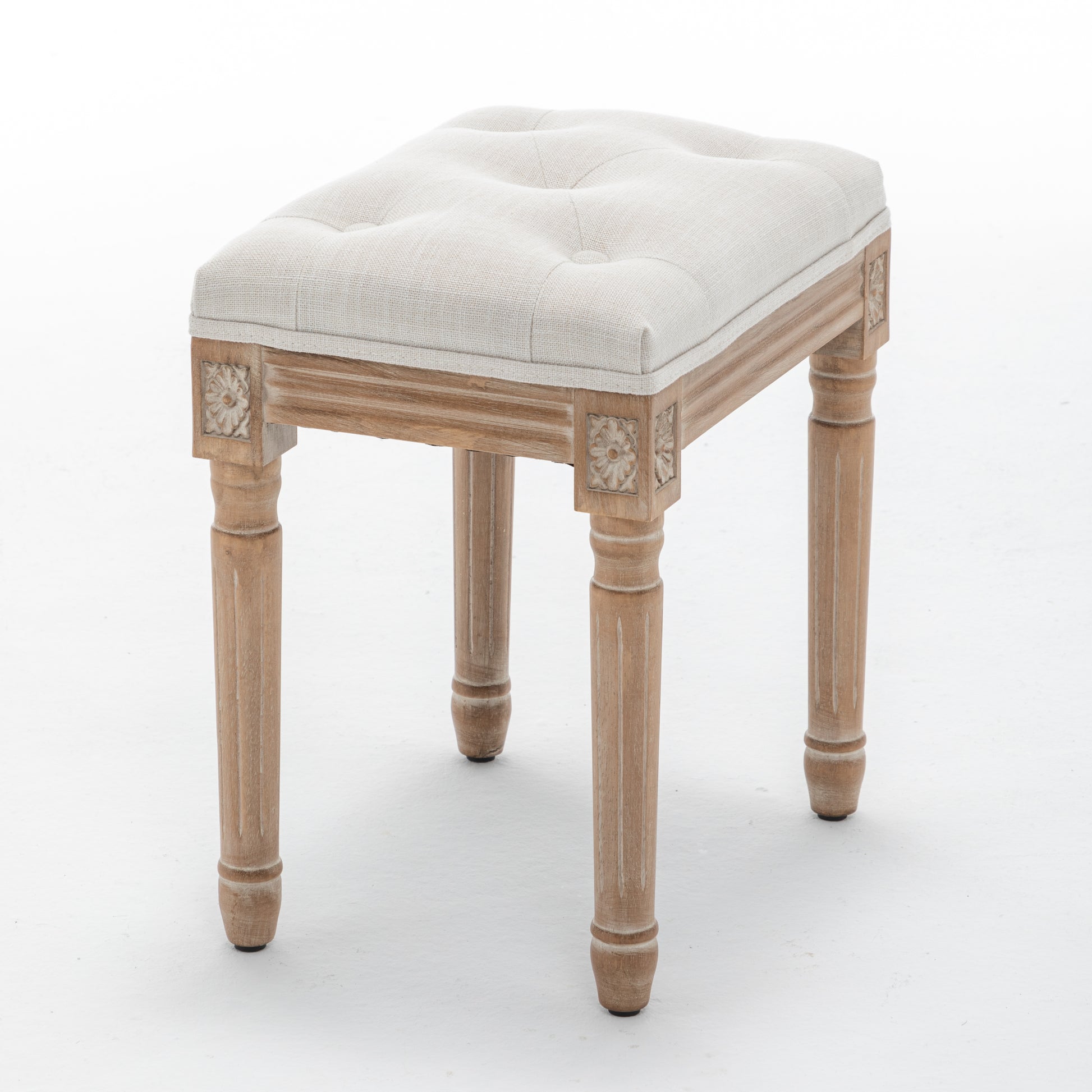 Tufted Vanity Stool with Linen Upholstery & Carved Solid Wood Legs, Dressing Bench for Bedroom, Beige image 5