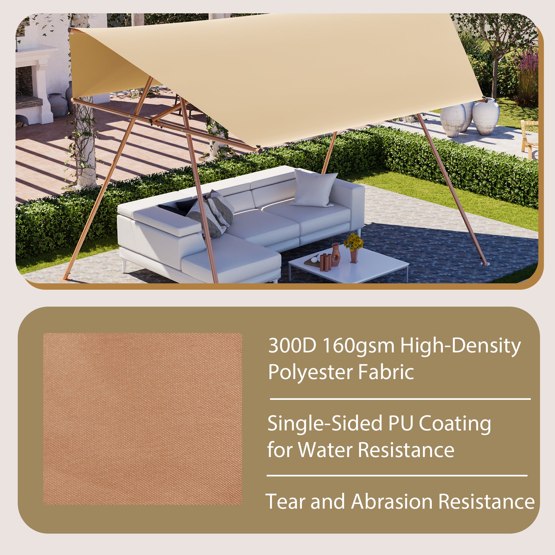 Hexagonal Shade Sail Canopy, Large 206"x118" UV Block Sun Shade with UPF 50+, Waterproof High-Density Polyester Fabric, Brown Rust-Resistant Poles & Built-in Hooks for Patio Backyard – Light Khaki image 3