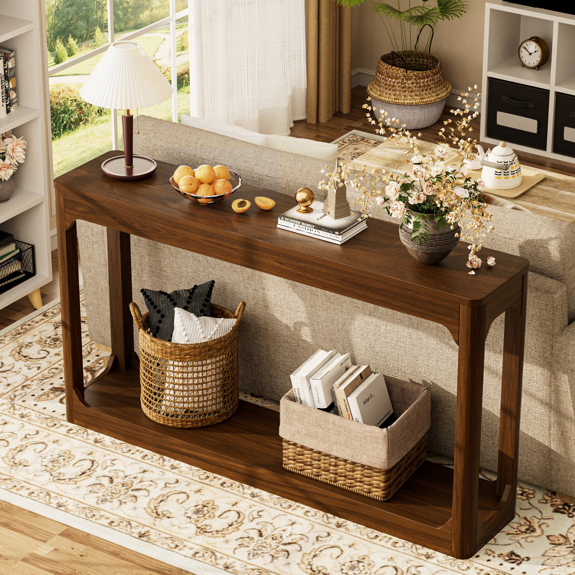 55.1-inch curved-leg storage table, ideal for entryways, slim wooden side table that can be placed behind a sofa, perfect for entryways, hallways, and doorways. Walnut,55.1"L*11.8"W*31.1"H image 5