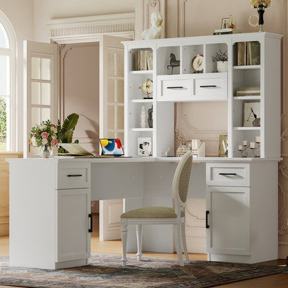L-Shaped Computer Desk with 2 Cabinets and 2 Drawers, 11 Open Shelves and 1 Right Flip Shelf with Storage, with Power Outlet, for Study, Living Room and Office, White image 1