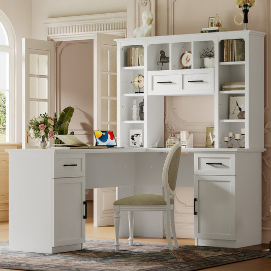 L-Shaped Computer Desk with Cabinets and Drawers - White - Front View