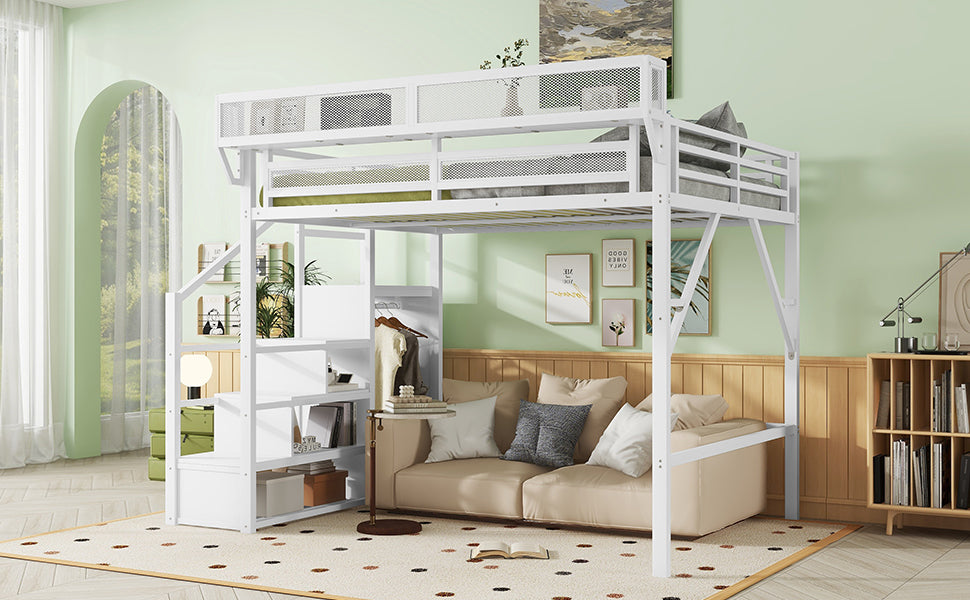 Queen Size Loft Bed with Stairs, Metal Queen Loft Bed with Storage Shelves, High Loft Bed with Wardrobe for Kids Teens, White, Patent Products image 11