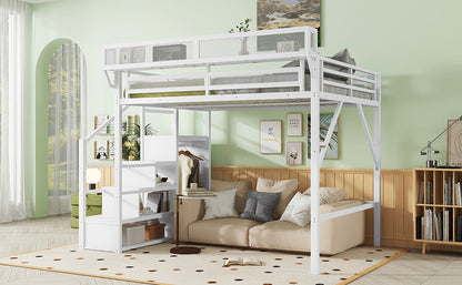 Queen Size Loft Bed with Stairs, Metal Queen Loft Bed with Storage Shelves, High Loft Bed with Wardrobe for Kids Teens, White, Patent Products image 11
