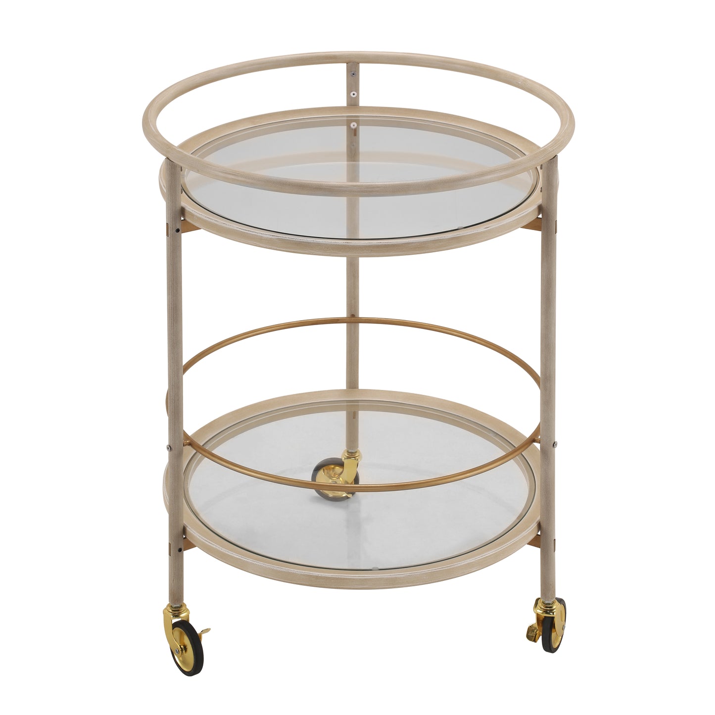 Round Bar Cart with Tempered Glass Shelves and Gold Accents,Distressed White Finish image 2