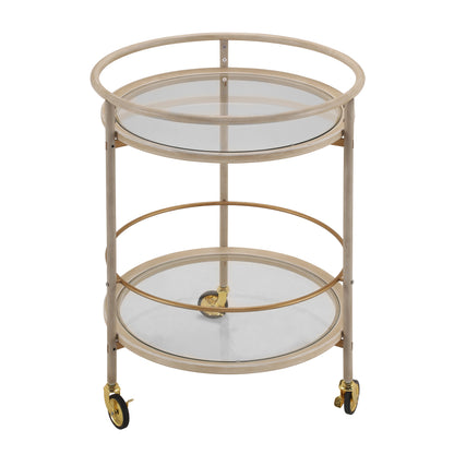 Round Bar Cart with Tempered Glass Shelves and Gold Accents,Distressed White Finish image 2