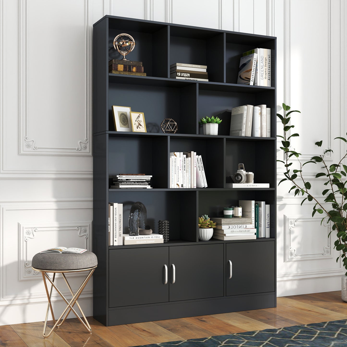 70.87" Tall Bookshelf with 10 Cubes and 3 Doors, 4-Tier Bookshelf, Open Shelf Bookcase with Cabinet, Modern Cube Storage Organizer for Living Room, and Office image 3
