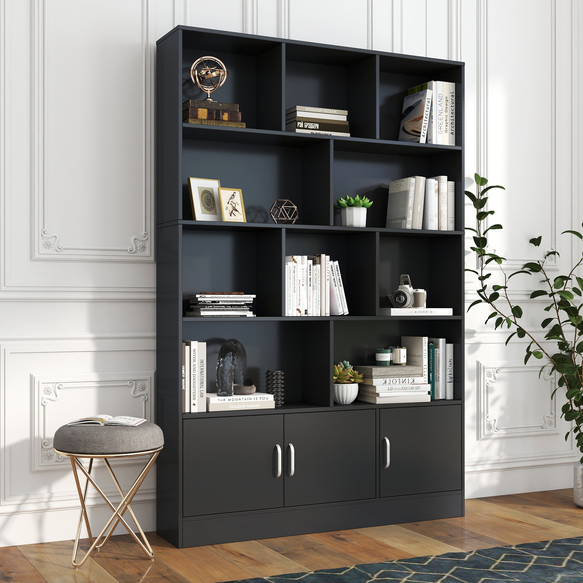 70.87" Tall Bookshelf with 10 Cubes and 3 Doors, 4-Tier Bookshelf, Open Shelf Bookcase with Cabinet, Modern Cube Storage Organizer for Living Room, and Office image 3