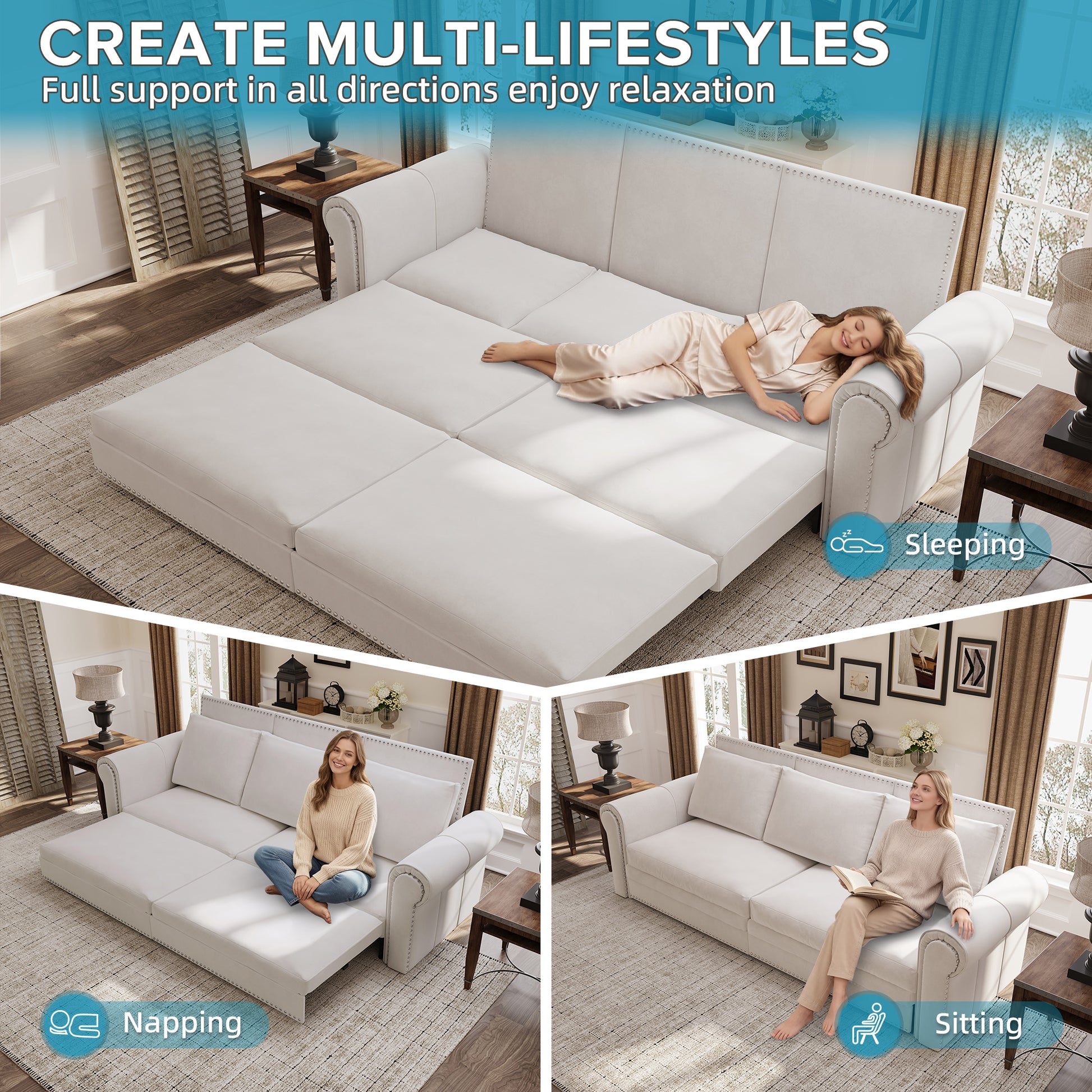 Chesterfield Sofa,93.7" King Pull Out Sofa Bed,3-in-1 Velvet Convertible Sleeper Sofa with Nailhead Trim & Rolled Arm,Multi-Functional Sofa Bed for Living Room,Bedroom,Beige/White(old sku:W1885S00036) image 11