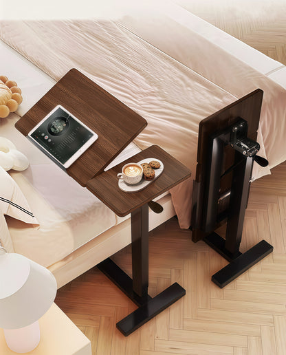 (UPGRADED) Overbed Bedside Desk, Mobile Rolling Laptop Stand Tilting Overbed Table with Wheels, Height Adjustable Tray Bedside Table for Laptop Bed Sofa, WALNUT image 1