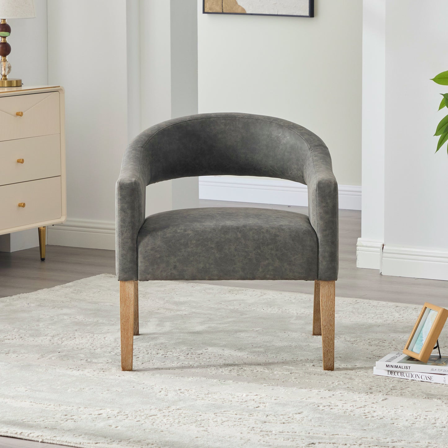 Modern Upholstered PU Open Back Accent Armchair Barrel Dining Chair with Weathered Rubberwood Legs, Hollow-Out Side Club Chair for Living Room Bedroom Restaurant Cafes Dining Room Reception,Gray image 2