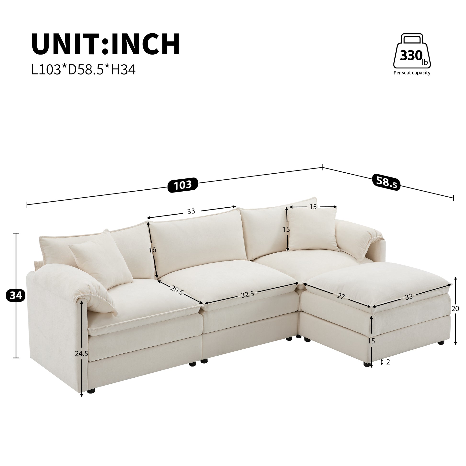 [NEW SKU of N723S0687W]103" Chenille Modular Sectional Sofa with Deep and Wide Seat, L Shaped Cloud Couch Set with Double Cushions, 4 Seat Sofa with Movable Ottoman, Oversized Indoor Furniture image 2