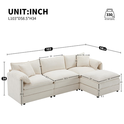 [NEW SKU of N723S0687W]103" Chenille Modular Sectional Sofa with Deep and Wide Seat, L Shaped Cloud Couch Set with Double Cushions, 4 Seat Sofa with Movable Ottoman, Oversized Indoor Furniture image 2