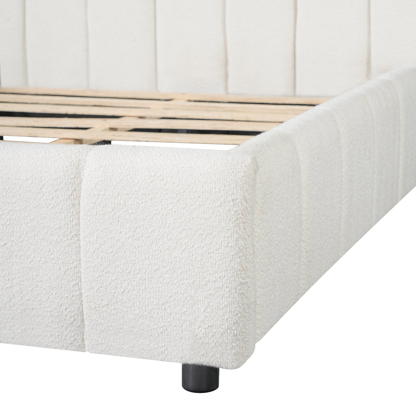 King Size Upholstered Bed Frame With Boucle Fabric And Thick Headboard, Off white image 9
