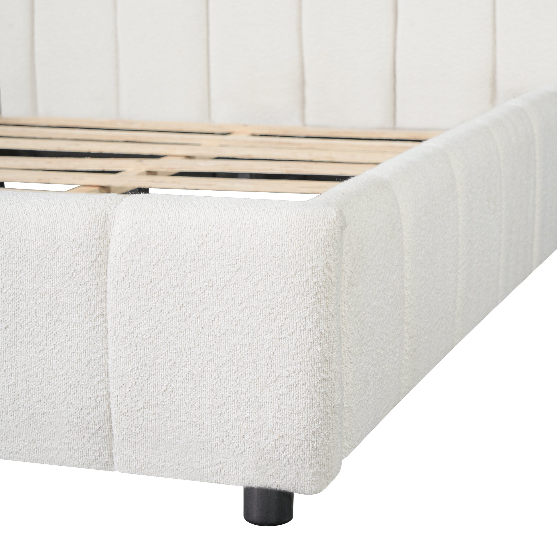 King Size Upholstered Bed Frame With Boucle Fabric And Thick Headboard, Off white image 9
