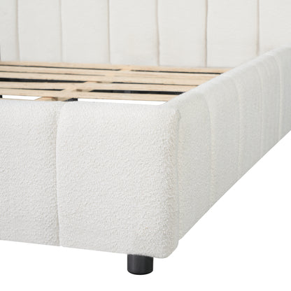 King Size Upholstered Bed Frame With Boucle Fabric And Thick Headboard, Off white image 9