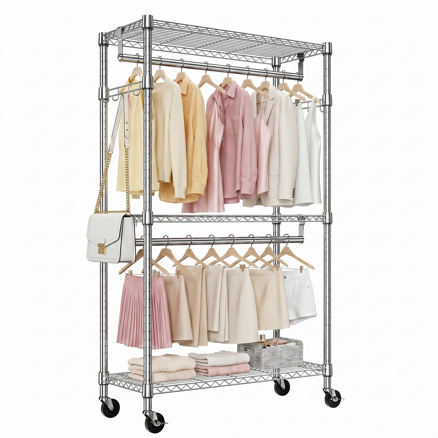 Heavy Duty Rolling Garment Rack 3 Tiers Adjustable Wire Shelving Clothes Rack with 2 Rods and Side Hooks,Storage Closet Clothing Rack with Wheels Chrome 15.7" D x 29.5" W x 74.5" H image 1
