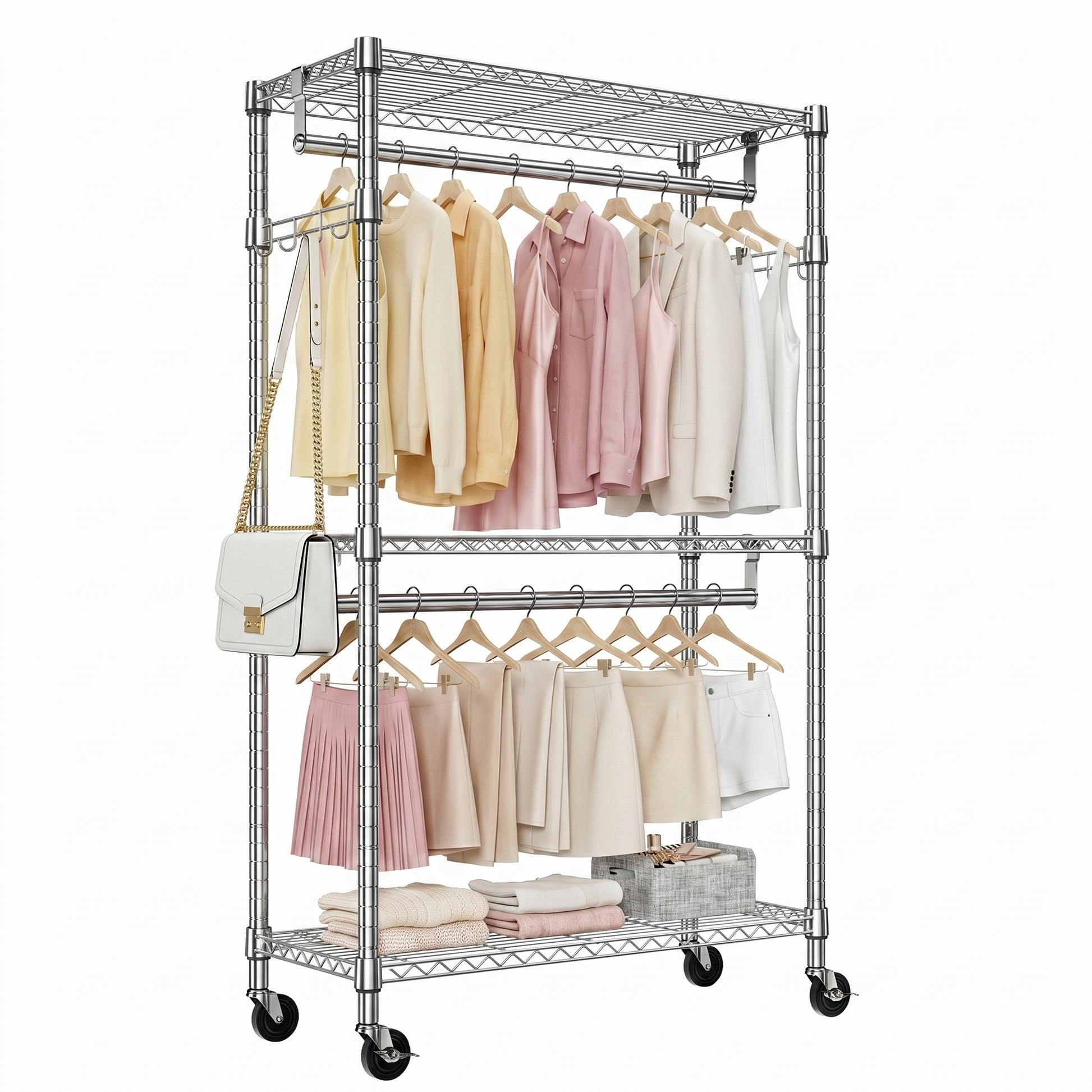 Heavy Duty Rolling Garment Rack 3 Tiers Adjustable Wire Shelving Clothes Rack with 2 Rods and Side Hooks,Storage Closet Clothing Rack with Wheels Chrome 15.7" D x 29.5" W x 74.5" H image 1
