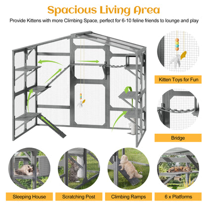 Large Outdoor Catio for 6-10 Cats, Pine Wood Cat Cage Outdoor with Weatherproof Roof, 6 Platforms, Climbing Ramp, 1 Resting Box and Cat Scratching Post, Outdoor Cat House with Storage Shelves, Grey image 3