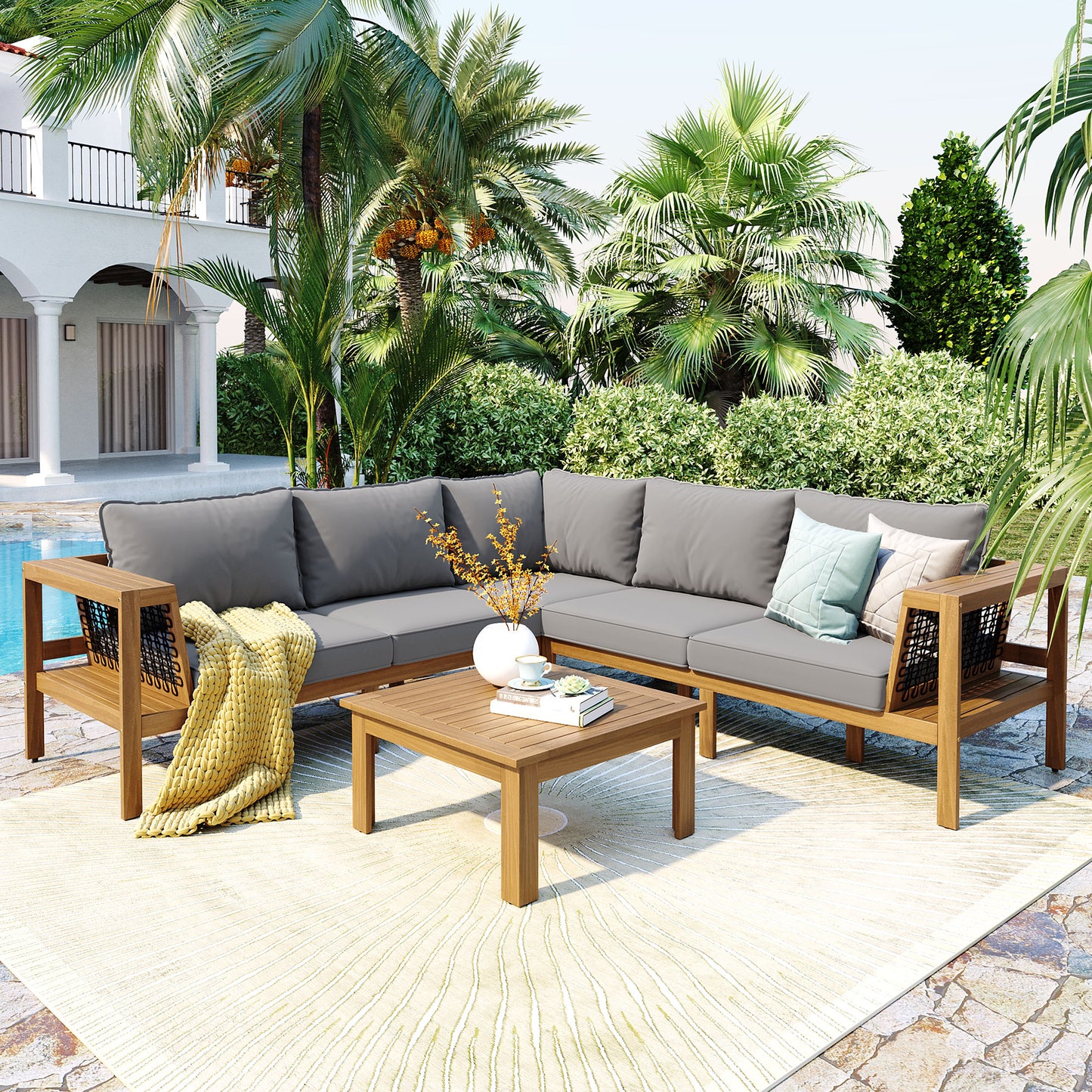 <Old SKU: N704G201249E> 4 Pieces Outdoor Acacia Wood Sofa Set, Woven Mesh Armrests, L-Shaped Patio Furniture Sofa Set with Coffee Table, Outdoor Conversation Set with Gray Cushions and Side Table image 2