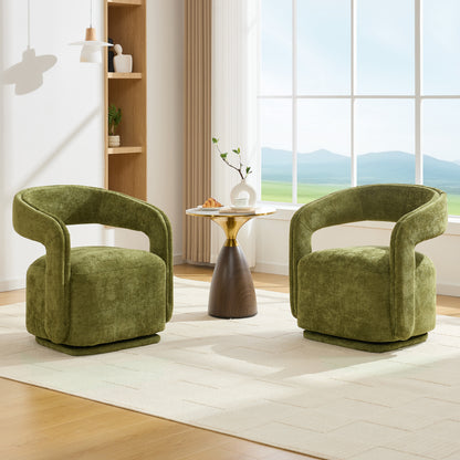 065-Chenille Fabric Swivel Accent Armchair, Comfy Barrel Leisure Chair With Curved Backrest, Upholstered Reading Chair With Black Swivel Base, 22-inch large seat depth and width, Green image 10