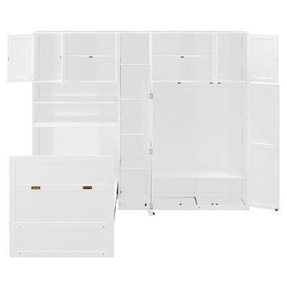 Twin Size Murphy Cabinet Bed with Wardrobe & Storage Shelves, 5-Tier LED Display Shelves, Overhead Cabinets, White image 3