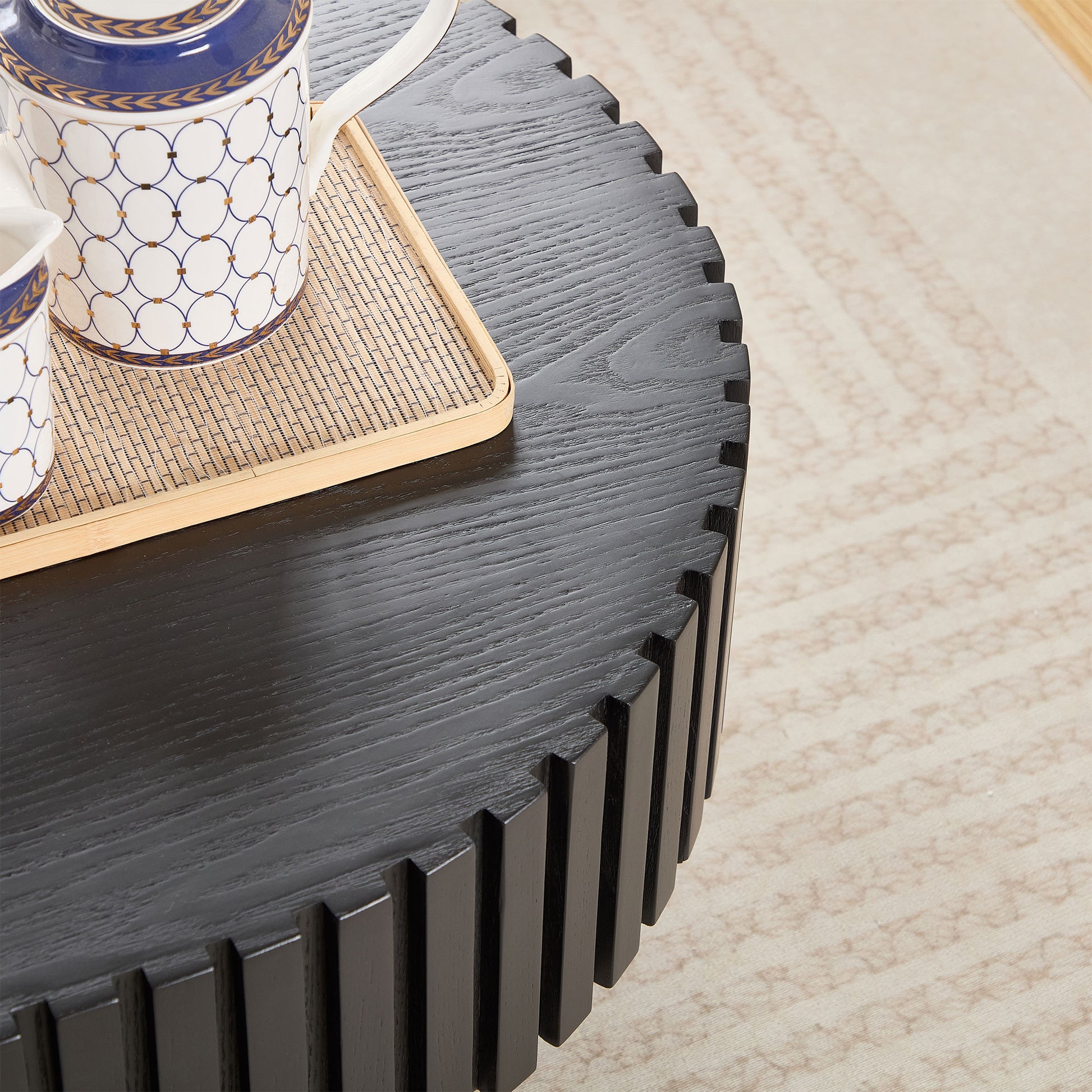 43.70 Inch Modern Handcraft Drum Coffee Table Oval Coffee Table for Living Room,Small Wooden Coffee Table with Sturdy Pedestal for Office,Black image 7