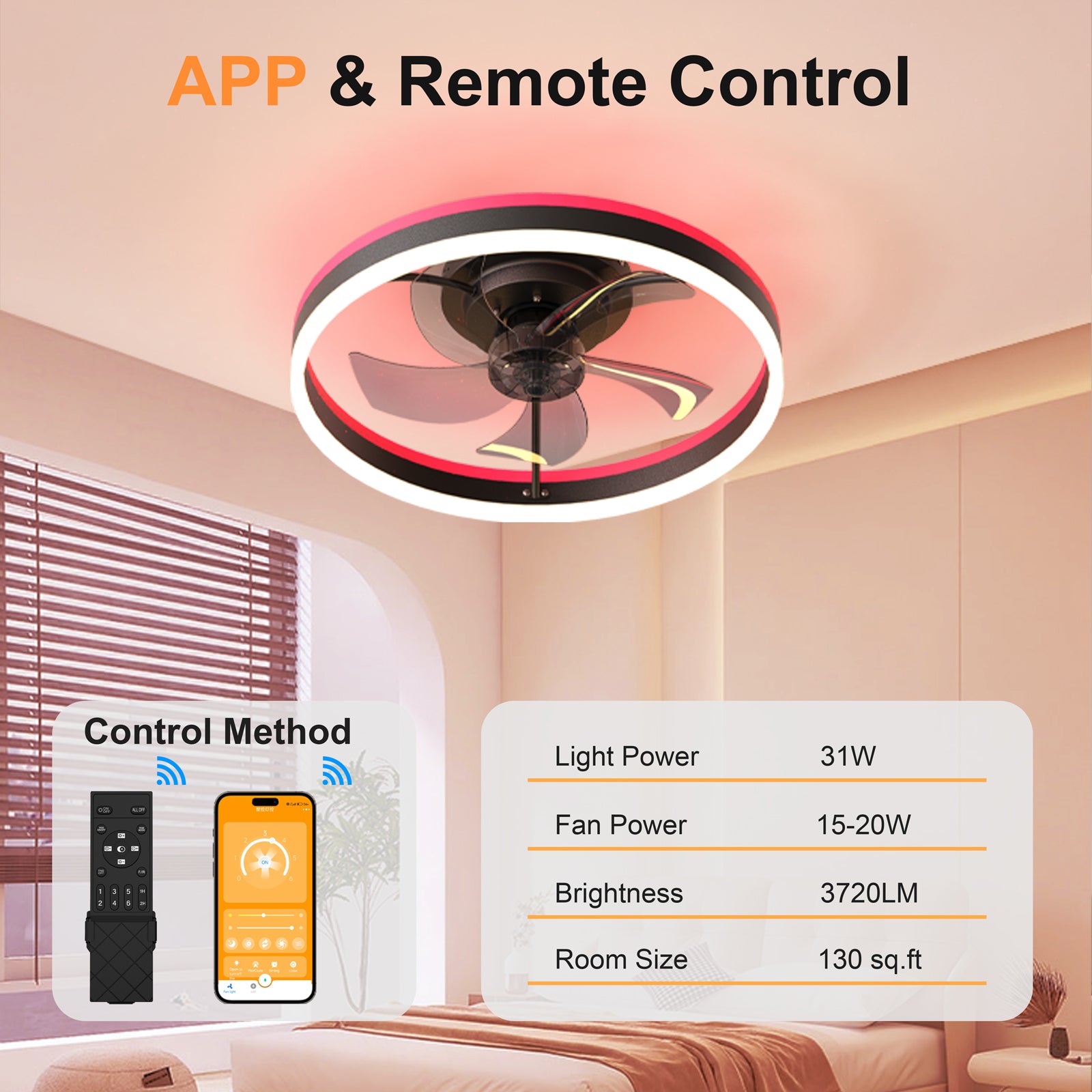 19.7" RGB Flush Mount Ceiling Fan with Light, 6-Speed Reversible Low Profile Fan with Remote & APP for Bedroom, Black image 8