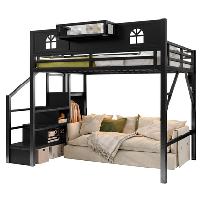 Full Size Loft Bed with Stairs, Metal Full Loft Bed with High and House Shaped Guardrails, High Loft Bed with Wardrobe for Kids Teens, black(Old SKUW2593S00055) image 8