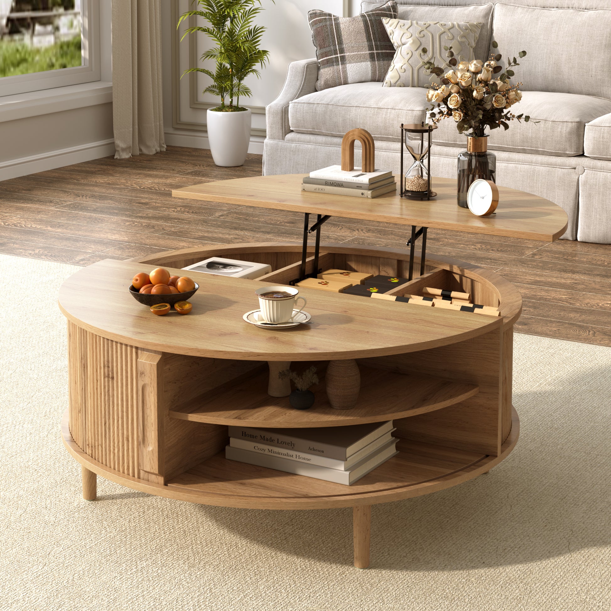 U-Can Minimalist Round Lift-Top Coffee Table with Hidden Storage, Sliding Door, Pine Legs, and Wood Wave Finish image 2