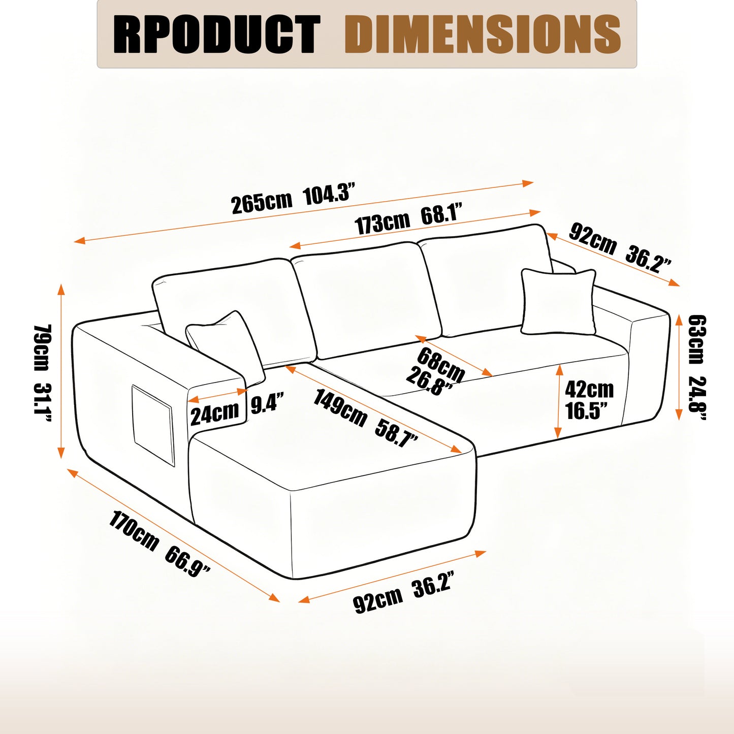 104" Cloud Sectional Sofa with L-Shape Chaise and Side Pockets, Modern Modular Design, Deep Seating, Upholstered Couch for Living Room/Bedroom, No Assembly Required (Plush Fabric), Black, Left-facing image 5