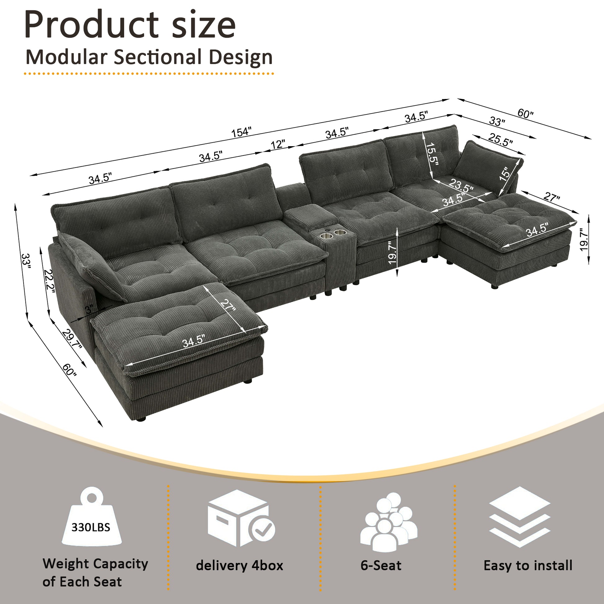 154" Sectional Cloud Sofa Couch with Ottomans, Modular U Shaped Couches for Living Room, Comfy Corduroy Oversized Sectional Modern 6 Seat Deep Seat Sofa Set with Central Console USB Port, Grey image 9