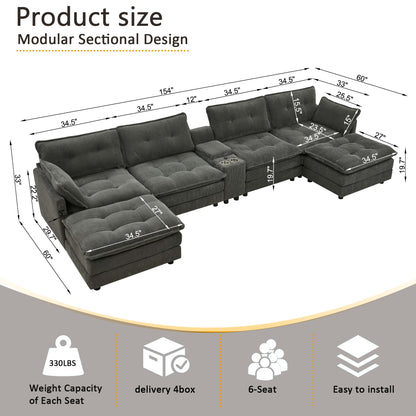 154" Sectional Cloud Sofa Couch with Ottomans, Modular U Shaped Couches for Living Room, Comfy Corduroy Oversized Sectional Modern 6 Seat Deep Seat Sofa Set with Central Console USB Port, Grey image 9