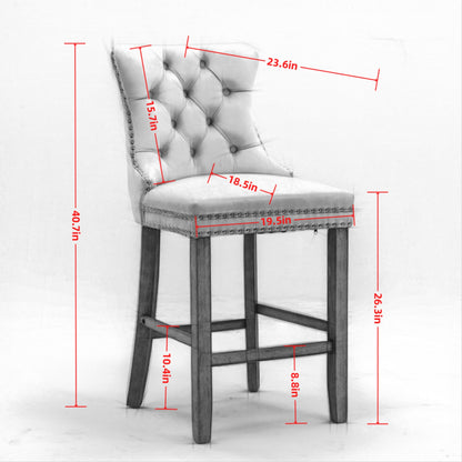 Contemporary Velvet Upholstered Barstools with Button Tufted Decoration and Wooden Legs, and Chrome Nailhead Trim, Leisure Style Bar Chairs,Bar stools, Set of 2 (Gray),SW1902GY image 7