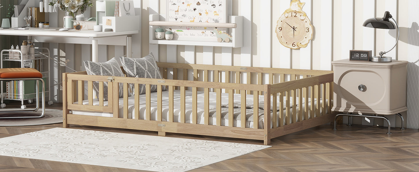 Full Size Floor Bed with Fence and Door,Rubber Wood Floor Bed with Safety Guardrails,Natural (Old Sku W504P286380) image 7