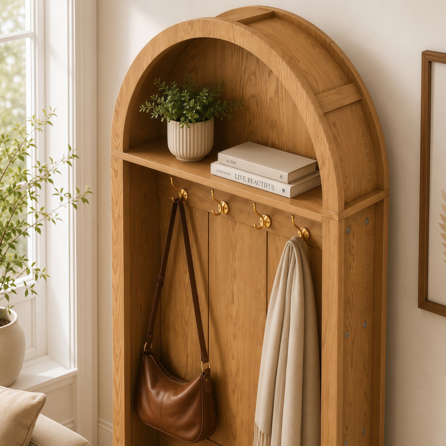 Arched Top Hall Tree with Bench and Shoe Storage,mudroom bench with storage,70.3"Arch Coat Rack with 4 Metal Hooks and 2 Fluted Doors,Farmhouse Style Furniture Organizer for Mudroom, Entryway, Hallway image 8