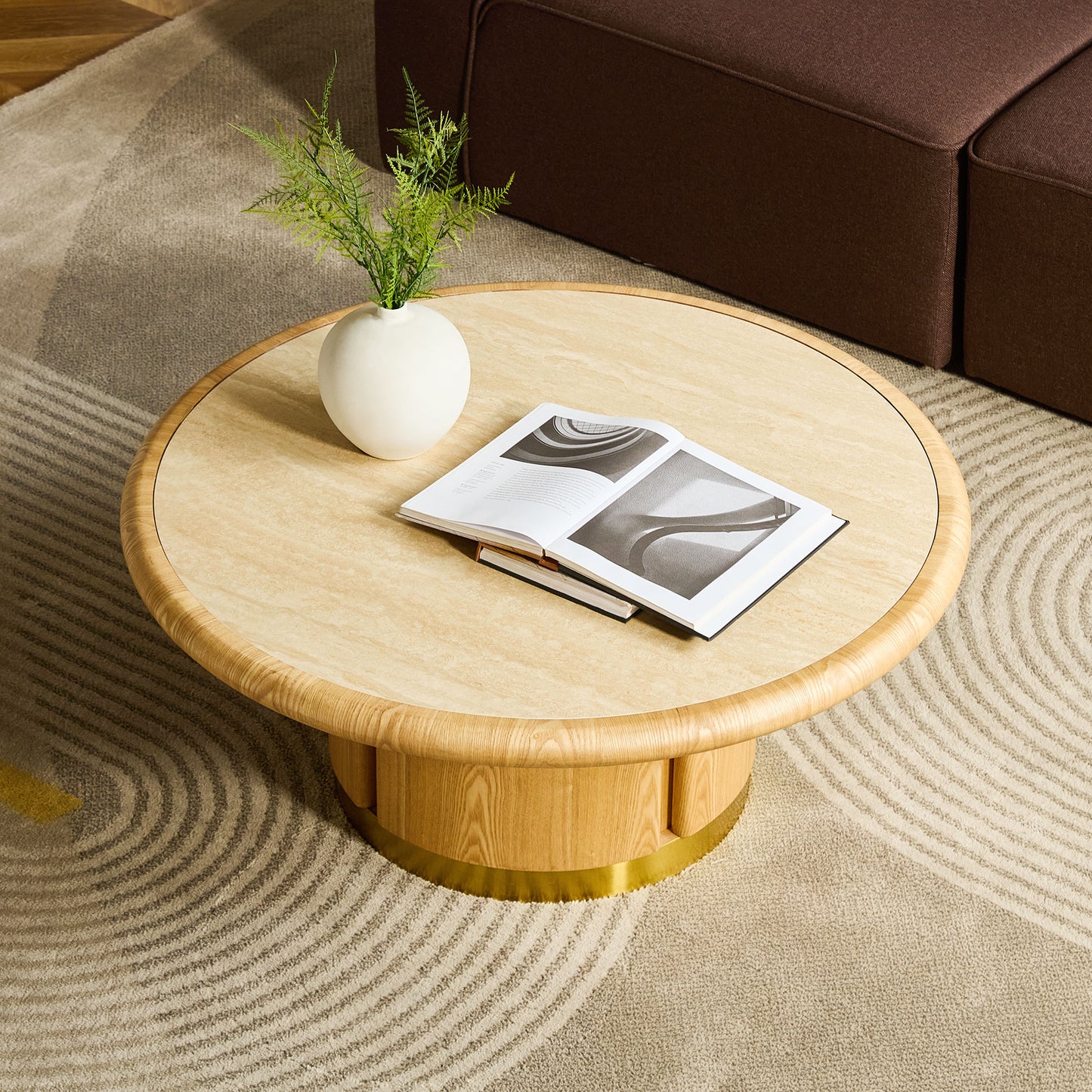 35.43 inch Round Coffee Table, Table with Sturdy MDF Pedestal with Brushed Stainless Steel,Sintered Stone Tabletop Table,Rounded Sofa Side Table for living Room,Office image 4