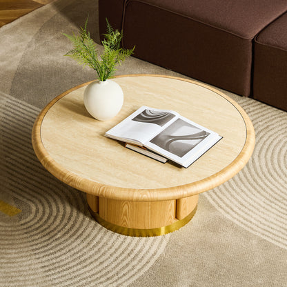 35.43 inch Round Coffee Table, Table with Sturdy MDF Pedestal with Brushed Stainless Steel,Sintered Stone Tabletop Table,Rounded Sofa Side Table for living Room,Office image 4