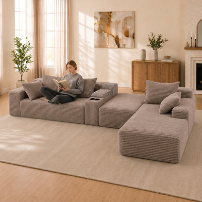 Advanced Corduroy U-shaped Modular Segmented Sofa, Large Sitting Depth Convertible Form, with Cup Holder and Storage Space, Modern Nordic Comfortable L-shaped Sofa Bed, Suitable for Large Living Rooms image 1