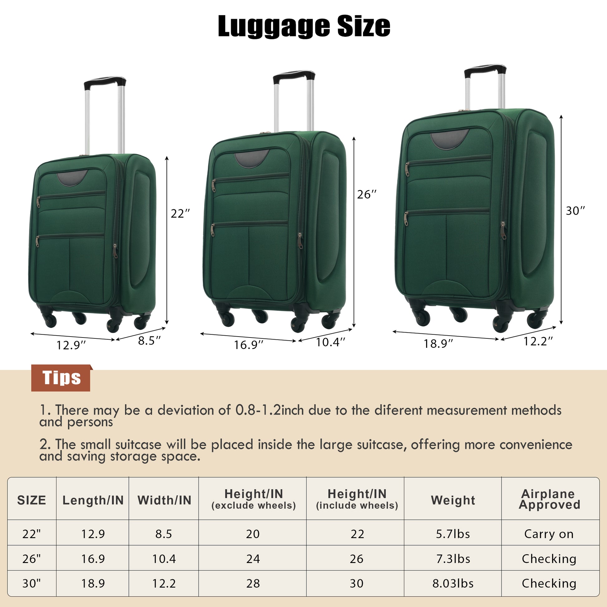 Softside Luggage Expandable 3 Piece Set Suitcase Upright Spinner Softshell Lightweight Luggage Travel Set-22/26/30 inches image 3