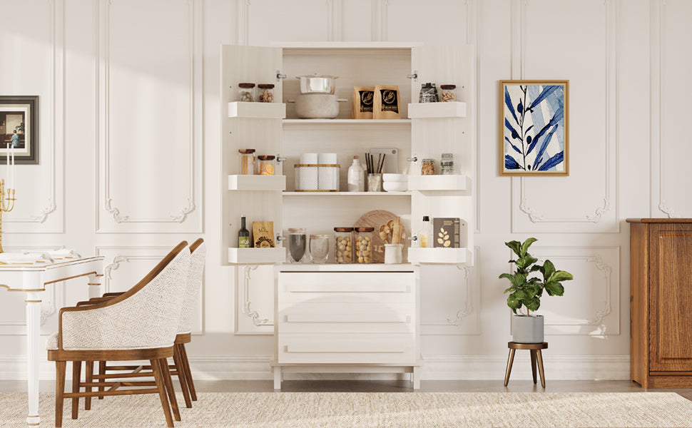 70" Kitchen Pantry Cabinet with 2 Cabinet Shelves,Luxurious Wooden Cupboard with 6 Door Shelves and 3 Drawers for Kitchen, Dining Room,White image 7