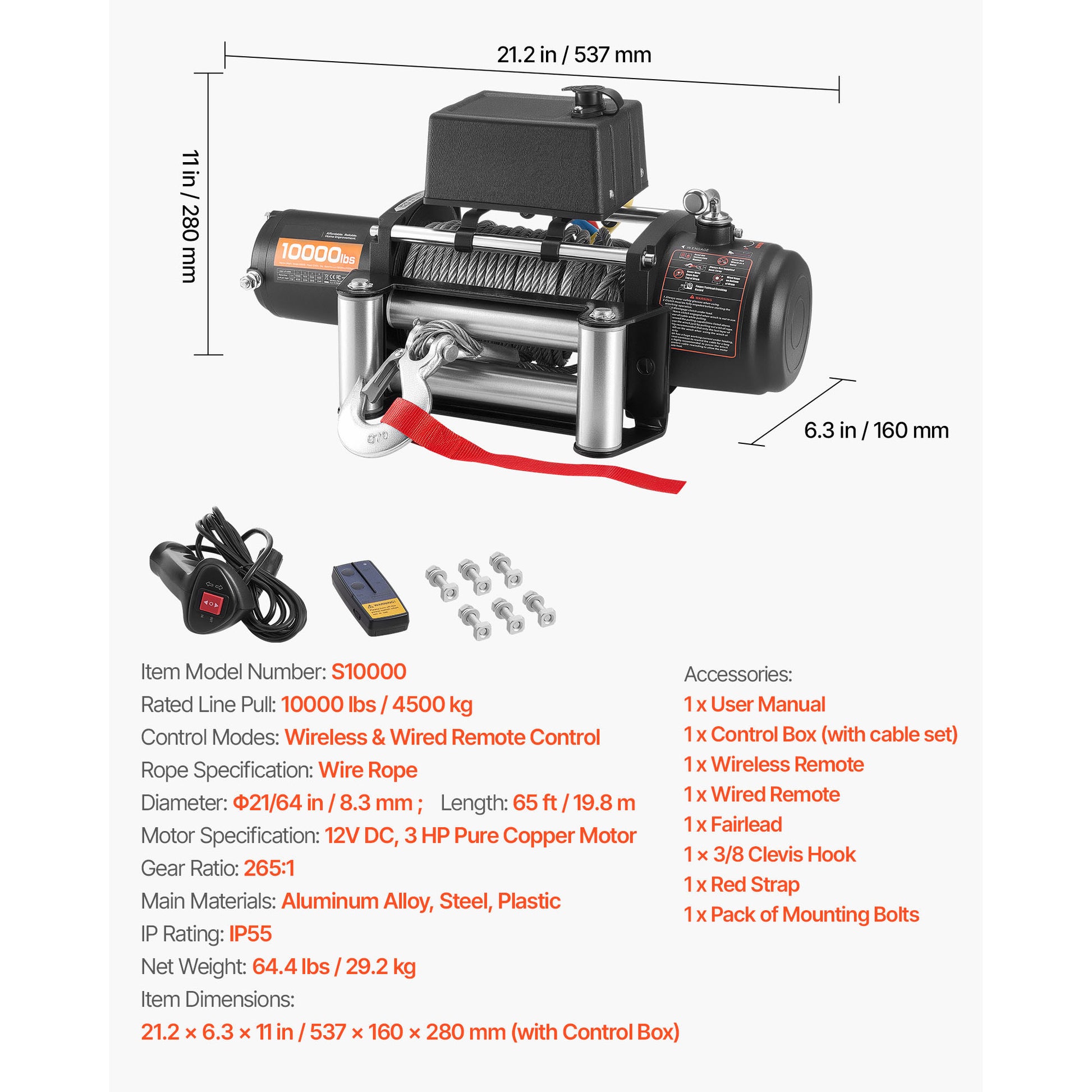 Electric Winch, 10000 lbs Load Capacity, 12V DC Truck Winch with Φ21/64 in x 65 ft Steel Rope, Wireless & Wired Remote Control, IP55 Waterproof for Towing SUV Jeep Trailer Boat Off-Road Vehicle image 10