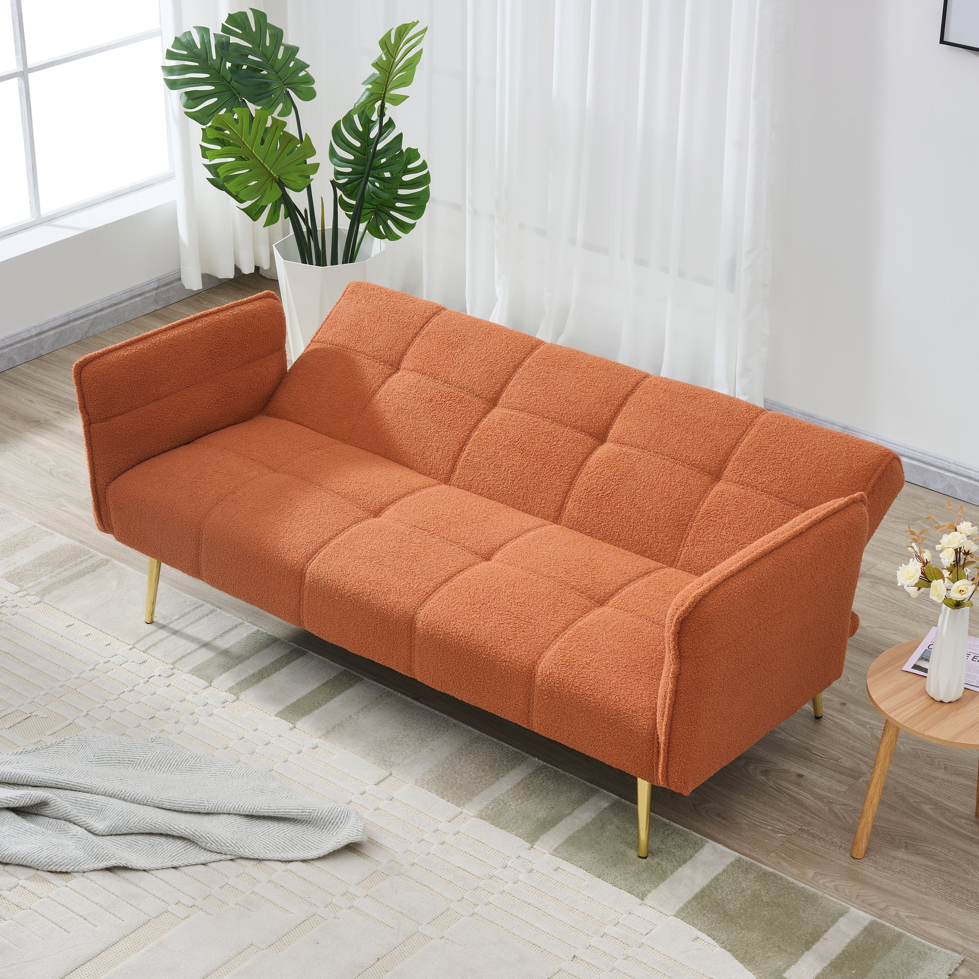 70-inch teddy fleece sofabed, convertible futon sofabed with adjustable arms and backrest, modern love sofa for living room and bedroom. image 8
