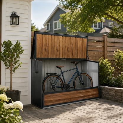 Wood Grain Galvanized Steel Storage Cabinet, Lift-Up Top & Foldable Front Door Large Capacity Tool Cabinet for Indoor, Garage & Backyard Use 594.39 US Gal 2.25m³ image 10