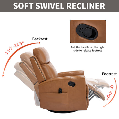 Orange Gnuine Leather Heat Massage Manual Recliner Chair with Rocker and Swivel for Living Room image 6