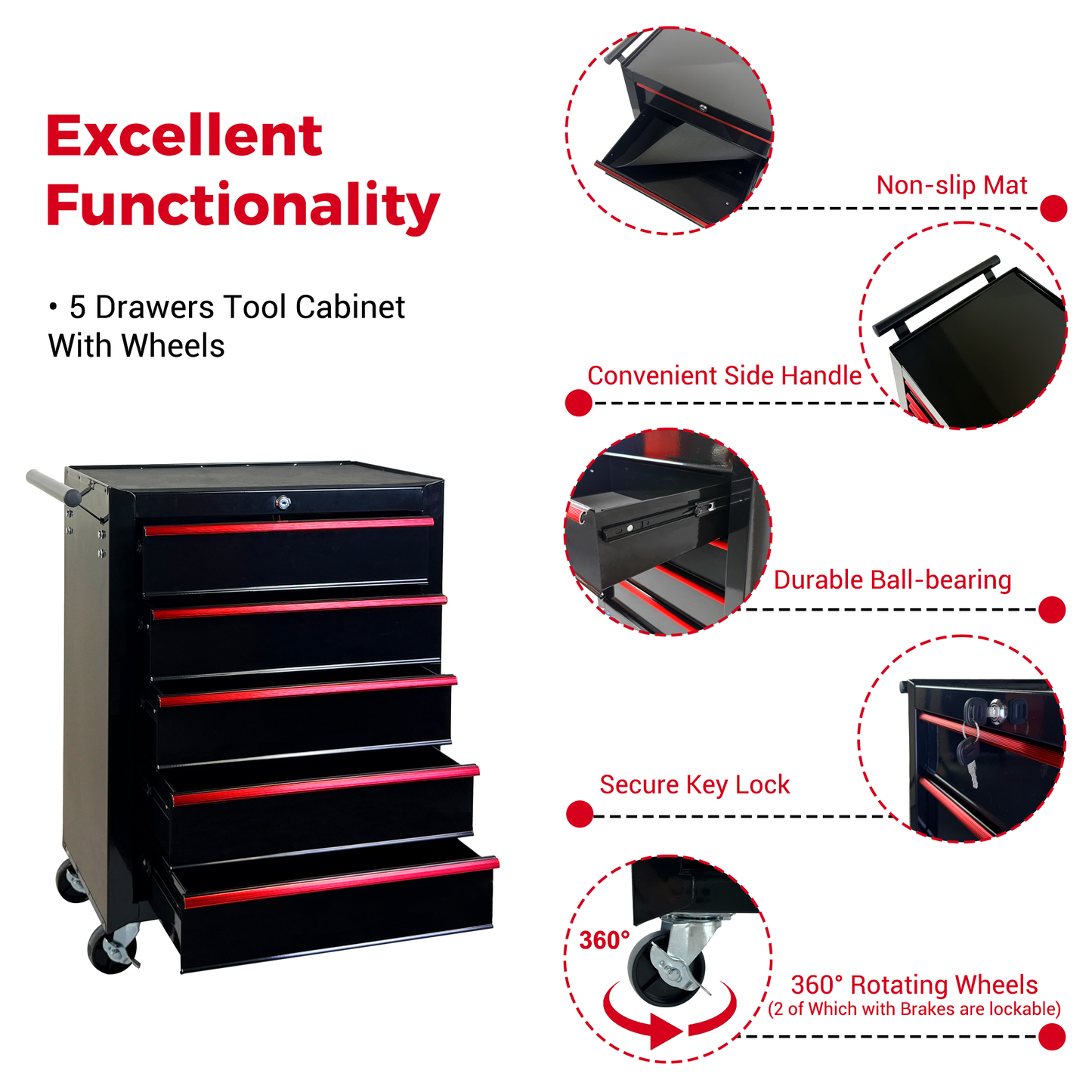 Rolling Metal Tool Chest with 5 Drawers, 20" 5-Drawer Tool Chest Cabinet with Ball Bearing Drawer Slides, Steel Tool Storage Box Organizer -BLACK image 9