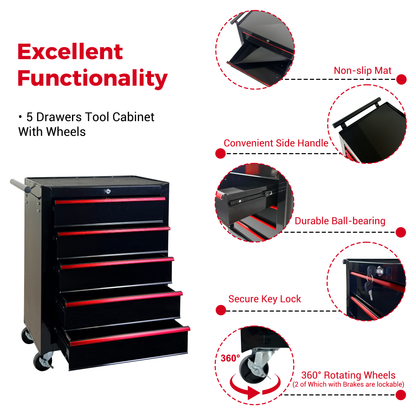 Rolling Metal Tool Chest with 5 Drawers, 20" 5-Drawer Tool Chest Cabinet with Ball Bearing Drawer Slides, Steel Tool Storage Box Organizer -BLACK image 9