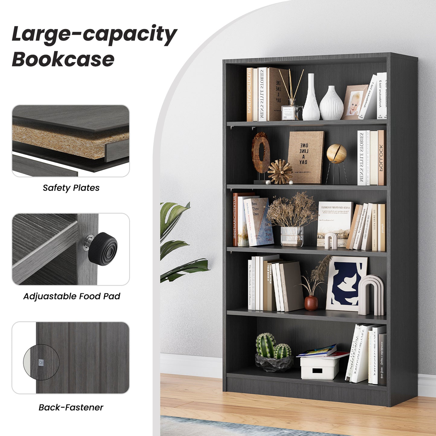5 Shelf Bookcase 60 inch Tall Wood Bookshelf for Bedroom image 5