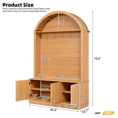 Farmhouse Fabric Arched Top Hall Tree with 5 Metal Hooks, All-in-One Mudroom Furniture with Adjustable Shelves, Mid-Century Fluted Door Entryway Bench with Wood Grain Finish for Hallway, Natural image 7