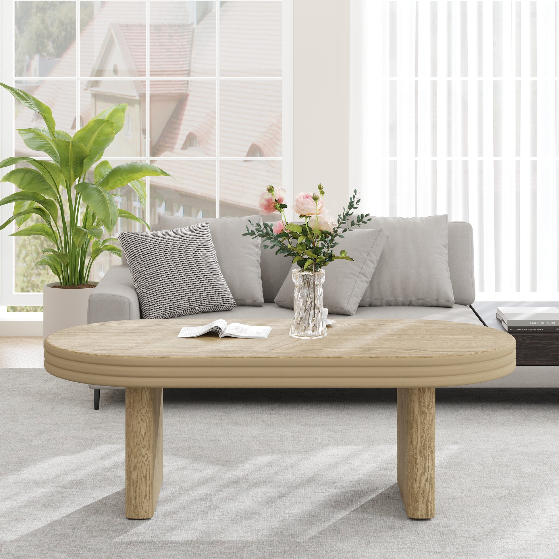 Mid Century Modern Oval Fluted Coffee Table, Farmhouse Wood Coffee Table, Cocktail Table, Center Table for Living Room, Office, Home Decor(Natural, 23.62" D x 47.24" W x 16.34" H) image 3